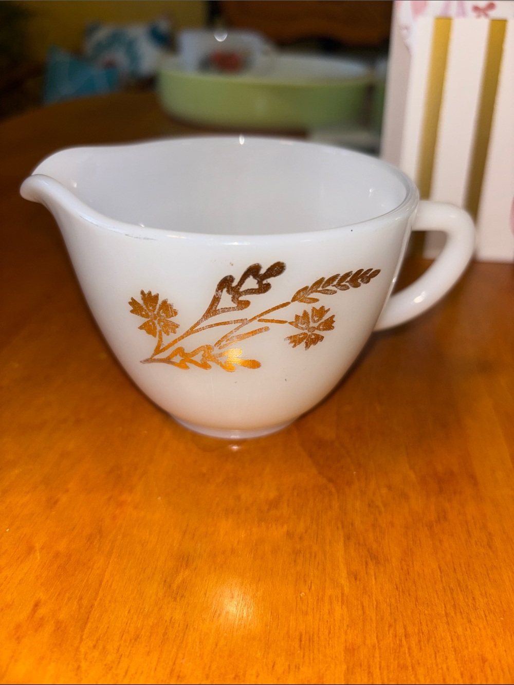 Fire King White Milk Glass Creamer with Gold Floral Accent